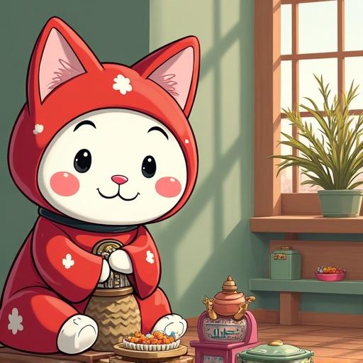 A cute cat character in a red outfit sitting happily in a cozy room. The cat has big eyes and a friendly smile. A plant and some food items are visible nearby.