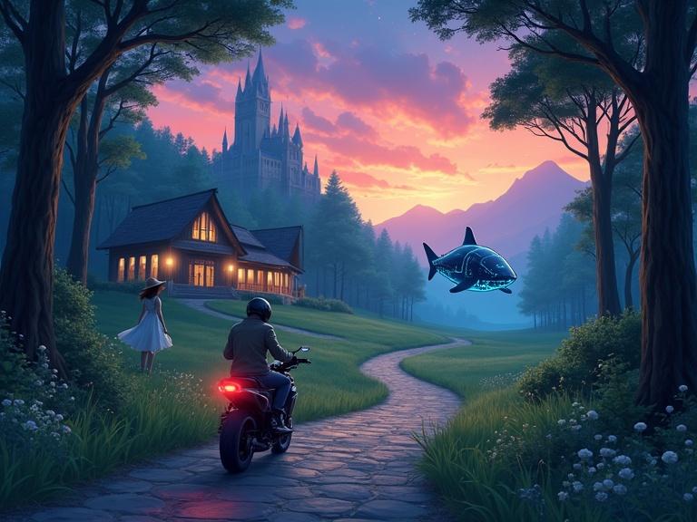 A scenic illustration of a motorcyclist riding down a forest road. The rider wears a helmet and jacket, exuding adventure. There is a mysterious castle in the background with vibrant sunset colors. A young woman in a flowing white dress stands near a modern house. The environment features tall trees, wildflowers, and a serene sky transitioning to deep blues.
