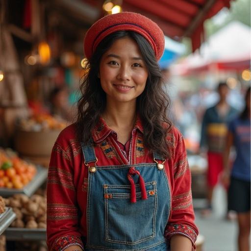 Woman in a vibrant outfit stands in a bustling market atmosphere. She smiles warmly, showcasing her cultural attire. Fresh produce and market stalls are visible in the background.