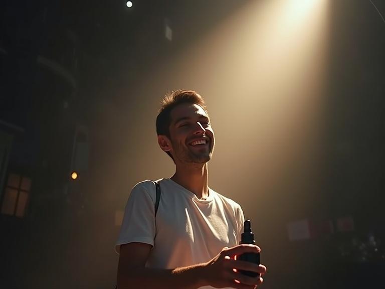 Spotlight shines on a happy, confident customer holding a product. Background is blurred. Customer is smiling. Focus is on the person, not the setting.