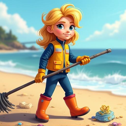 Girl with blonde hair stands on a beach while cleaning up litter. She wears a hi-visibility vest and navy blue tracksuit. The beach scene is bright and sunny with ocean in background.