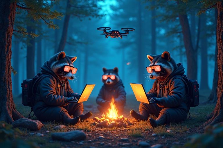 A group of raccoons wearing AR glasses and jackets sit in a dark forest clearing with glowing trees. They type on floating laptops while drones patrol above. Campfires with screens light up the scene.