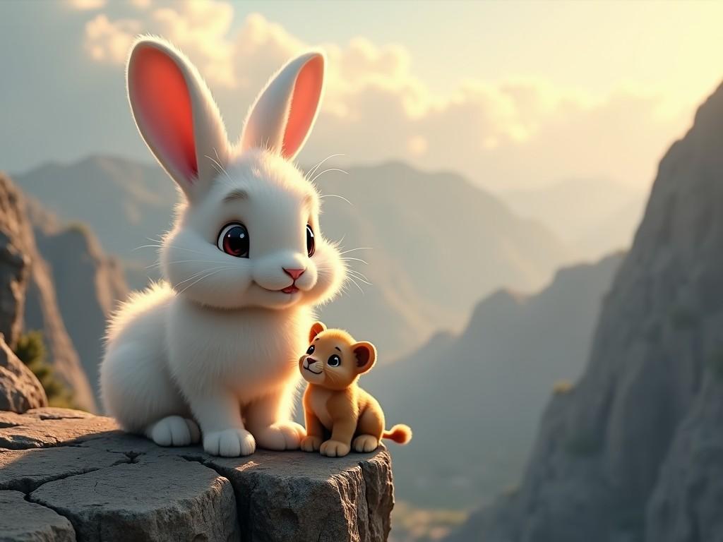 A cute cartoon rabbit and lion cub sitting together on a rocky mountain ledge during a sunset.