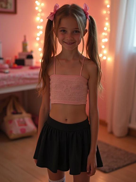 Youthful girl stands in cozy room wearing a pink crop top and a black skirt. Long brown hair styled in twin tails with pink bows. Soft lighting illuminates the surroundings with a warm glow. Image captures a playful, happy vibe suitable for a birthday party scene.
