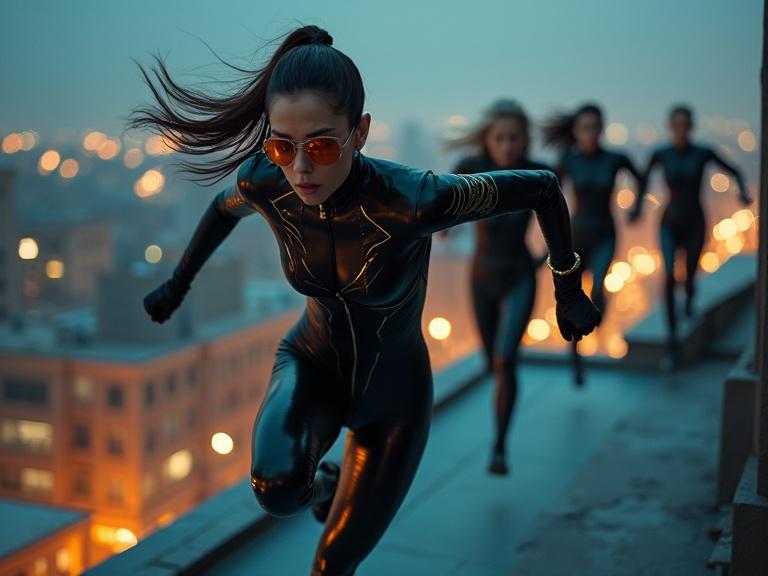 Close-up of five young female heroes in sleek shiny sci-fi black bodysuits running and jumping across a rooftop at night. They have dark eyeliner, blowing hair, and tattoos. Emphasis on dynamic action and urban environment.
