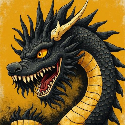 Illustration of a Drakosukus dragon in underground art style. Use a mottled yellow, black and tan color palette. Features prominent scales, sharp teeth, and glaring eyes.