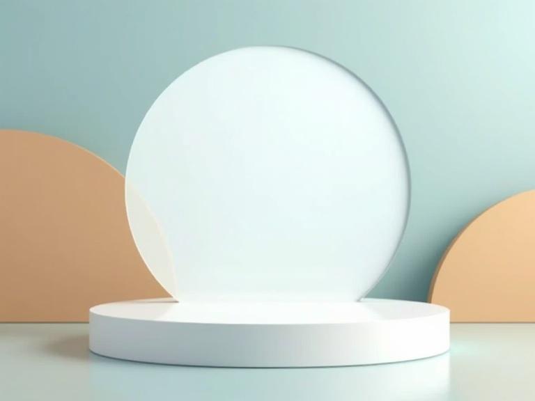 Mockup stage design features a clear circle on a bright white platform against a pale blue background with warm tan elements.