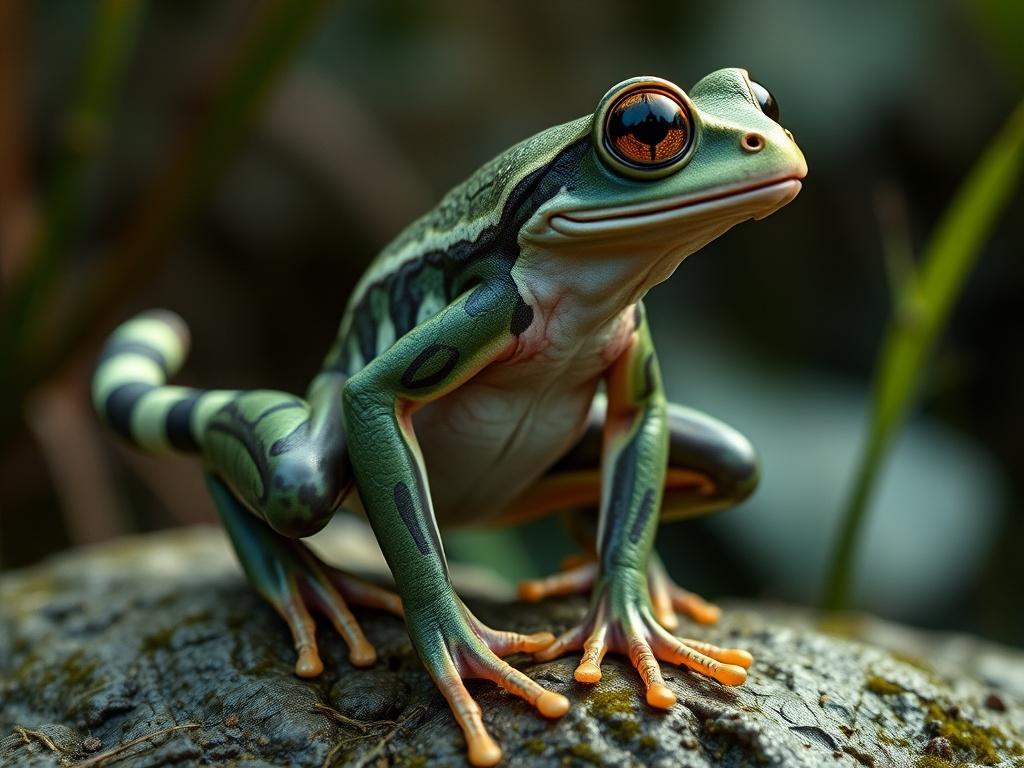 A vivid and detailed image of a colorful tree frog perched on a rock in a lush jungle setting. The frog, with striking orange eyes and a pattern of green and blue on its skin, is the main focus, while the blurred background suggests dense foliage. The lighting highlights the frog's vivid colors, giving it a lifelike appearance.