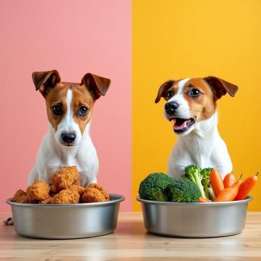 Comparison of two scenes featuring a Jack Russell Terrier. One scene shows the dog looking sad at a bowl of dry dog food. The other shows the dog happy with a bowl of fresh food including meat and vegetables. The background is light and neutral with a vertical yellow line separating the scenes. Vibrant colors and soft lighting highlight the differences.