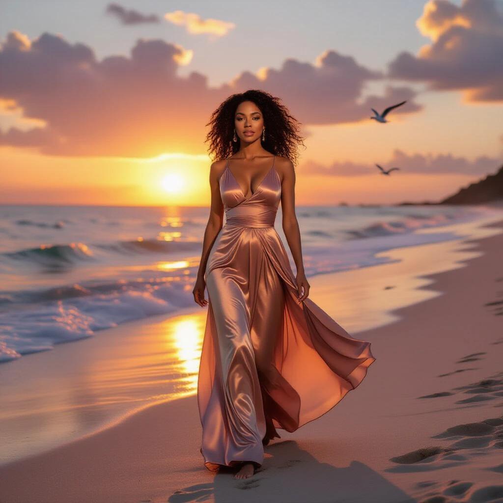 A woman walks along the beach during sunset. The sun sets in golden hues over the ocean. She wears an elegant, flowing dress. The breeze gently moves the dress. The sky shows vibrant colors of orange, pink, and purple. Soft sand lies under her feet. Seagulls fly in the distance. The mood is peaceful and serene.