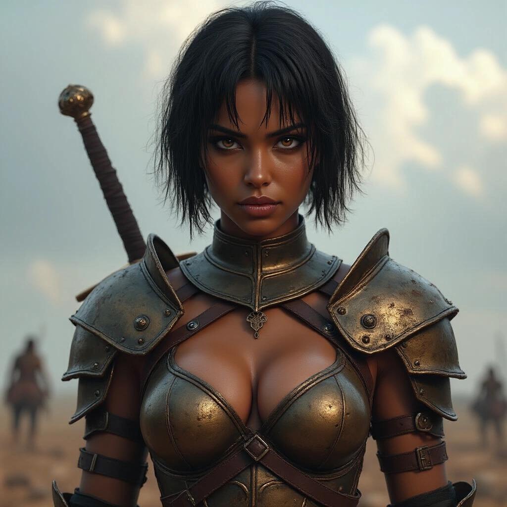 A hyper-realistic portrait of a female warrior inspired by Casca. Features dark skin, short black hair, and serious expression. Wears revealing bronze and leather medieval armor. Standing on a battlefield with dramatic cloudy sky. Holds a sword. High detail and realistic lighting.