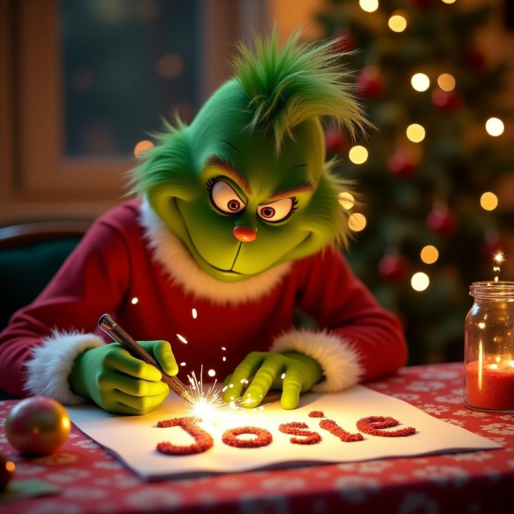 A sparkly Grinch character writes the name 'Josie' on paper using sweet treats. The scene is festive and decorated for Christmas, with a warm atmosphere and bright lights.