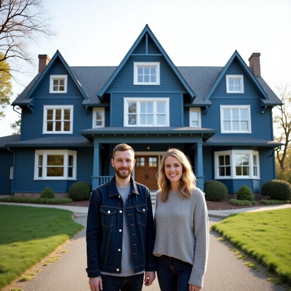 Two people are standing in front of a large blue house. The house features steep roofing and numerous windows. The setting is bright and sunny, enhancing the appearance of the house. The background shows a well-maintained lawn and path. This image showcases a welcoming residential environment.