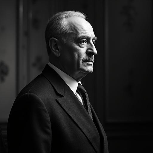 Ultra-realistic portrait of male figure in profile view. Dramatic lighting from above casts soft shadows. Dark moody background with texture. Classic 1930s suit worn. Expression is serious and thoughtful. Photography style resembles museum quality and cinematic lighting. Image is high-resolution with centered composition.