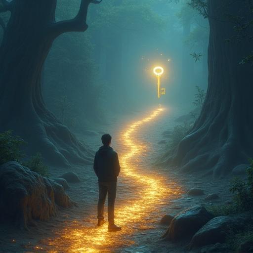 A person stands at a crossroad in a magical forest. Two glowing paths are visible. One path leads to a golden key floating in the air. The other path leads to a silver key. The environment feels immersive and slightly enchanting.