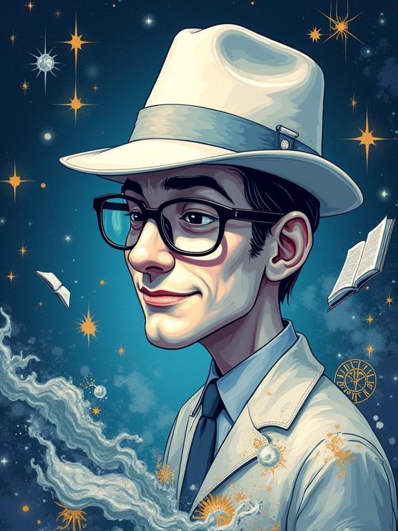 Stylized cartoon of a thirty years old author with a soft smile. Man wears a white fedora and glasses. Surrounded by swirling elements like stars, floating books, and cosmic energy. Painterly and expressive style with deep blues, silver, white, and gold highlights. Magical and creative atmosphere.