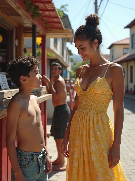 A woman wearing a yellow sundress talks with a boy. Two other boys are visible in the background. Bright sunny day in a neighborhood. Local stand advertising 'massages'. Pixelated and low resolution image emphasizes summer and community life.