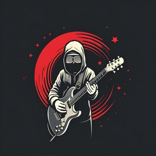 Logo design with a musician wearing a hoodie and glasses playing an electric guitar with a red circular background.