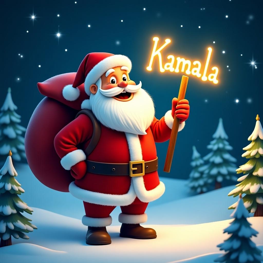 The image features a cheerful Santa Claus standing in a snowy landscape. He has a large red sack slung over his shoulder and is holding a glowing stick forming the name 'Kamala.' Santa is dressed in his traditional red and white outfit, complete with a belt and boots. His expression is jolly, exuding warmth and holiday cheer. Behind him, the night sky is illuminated with twinkling stars. Pine trees dot the snowy ground, creating a festive winter atmosphere. This scene captures the magic of Christmas and the joy of the season.