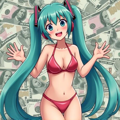Anime character in bikini with long turquoise hair and headphones stands against a backdrop of 10000 Yen bills. Character has a big smile, appears happy and playful. Drooling with a foolish laughter expression.