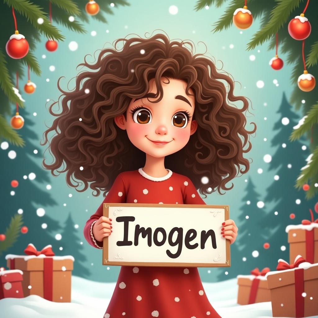 Cartoon girl with curly brown hair. Christmas background with snow and gifts. Girl holding a sign with the name Imogen.