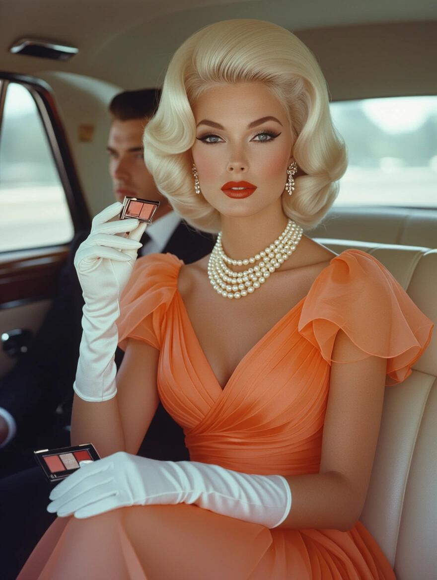 Stunning portrait of 1960s woman with voluminous platinum blonde hair, delicate pearl necklace and diamond earrings, wearing a floofy pale orange chiffon sundress. Holding makeup compact and lipstick, sitting in back of limo next to a man. Flawless makeup with winged eyeliner and ruby red lips. Accessories include white gloves and high heels, rendered in Slim Aarons style.