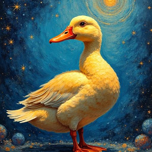 An impressionist painting includes a duck depicted with a celestial background. The duck appears vibrant and realistic. The background swirls with galaxies and stars. The painting has a unique crackle texture, reflecting an artistic style. The artwork evokes feelings of whimsy and creativity.
