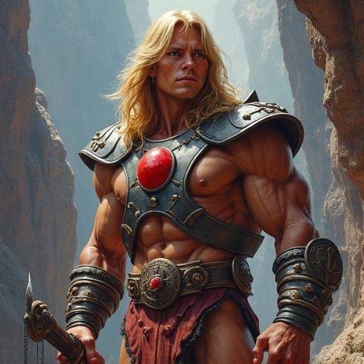 He-Man character from Masters of the Universe. Muscular build with blonde hair. Wears armor and holds a sword. Set in a fantasy landscape.