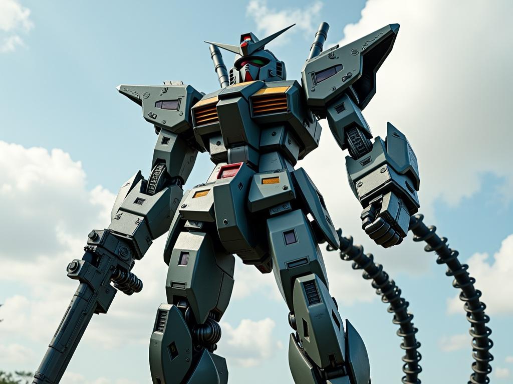 An 18 meter tall hybrid Gundam robot combined with Xenomorph features. The robot showcases a mix of futuristic metal and organic elements, standing imposingly from a low angle. The background includes a blue sky with white clouds.
