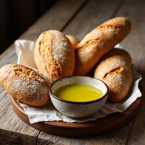 Rustic wooden table with assorted artisan breads arranged on a light cloth. A bowl of olive oil sits alongside the bread. High texture details showcasing the freshness of the breads and the richness of the olive oil.