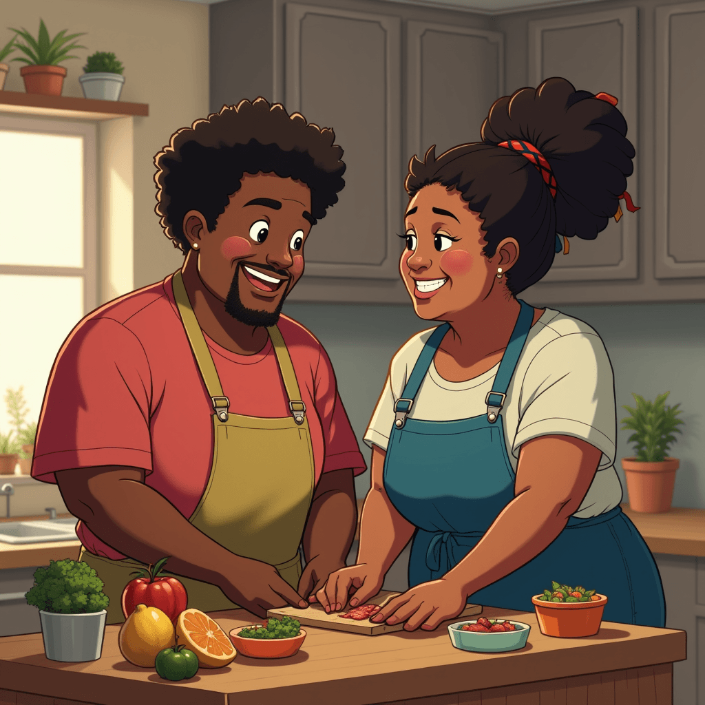 A couple happily preparing a meal in a cozy kitchen setting.