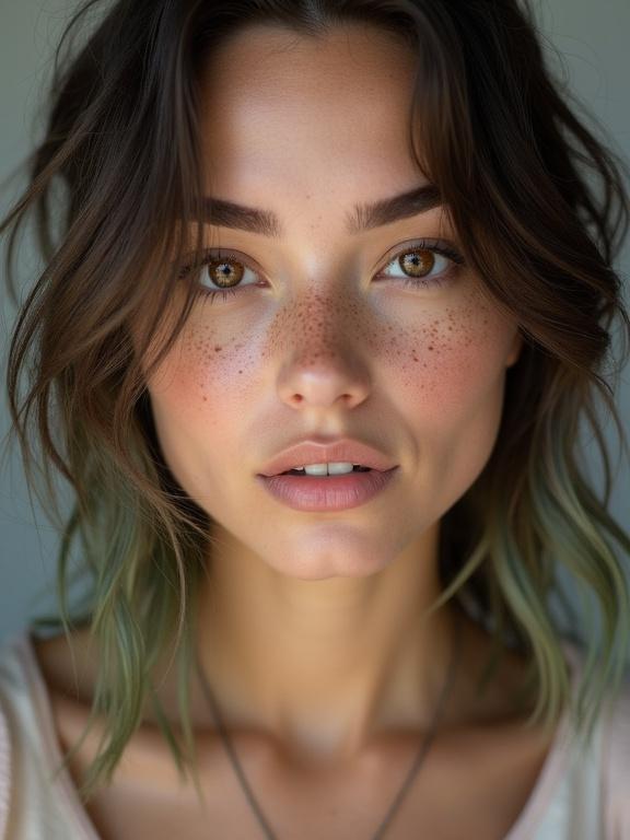 Close-up portrait of a young woman with freckles and hazel eyes. She has dark brown hair with ashy-green tips. Centered symmetrical framing with a direct gaze into the camera. Neutral expression and soft lighting. Clean light gray background. Shot with Canon EOS R5 at 85mm.