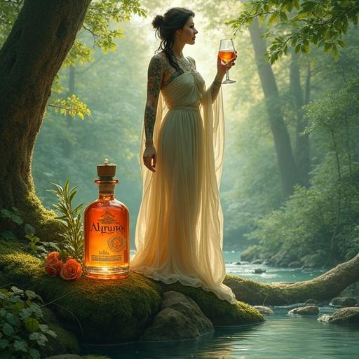 A forest goddess stands gracefully with a cocktail glass. The bottom features a prominent bottle of 'ALFRUNO' glowing softly. Roses and rosemary add to the ambiance. The scene is serene and magical with lush greenery.
