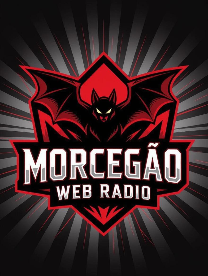 Design a fierce logo for a web radio named Morcegão. Combine geometric shapes with red and black colors. Feature a powerful bat silhouette prominently. Focus on innovation and underground rock culture for digital platforms and merchandise.