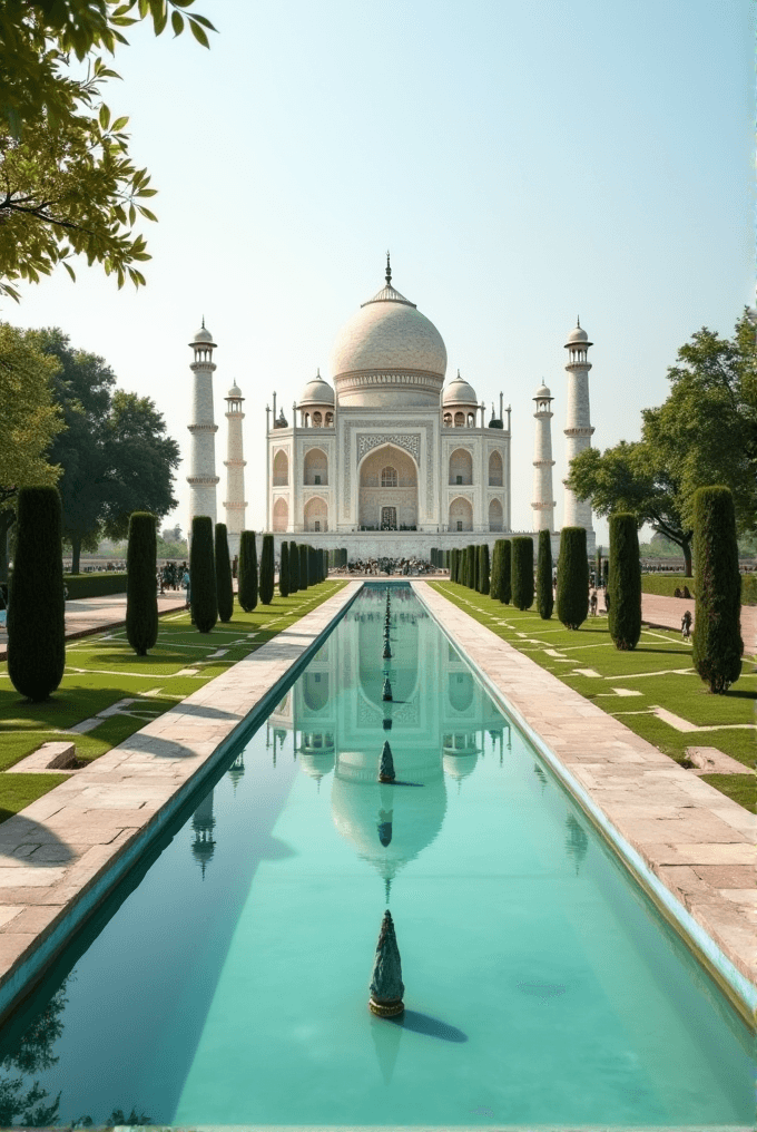 The image shows the Taj Mahal with a reflection in the foreground water feature.