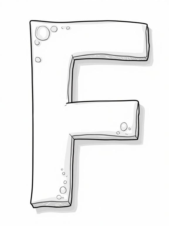 The letter 'F' as a central element. Draw a large, highly visible uppercase 'F'. Place it prominently, either in the center or to the right, with enough space for a fox. The outlines of the 'F' should be thick and clear, easy to trace and color. The interior areas of the letter offer large areas for coloring. Add a friendly, slightly cartoonish fox.