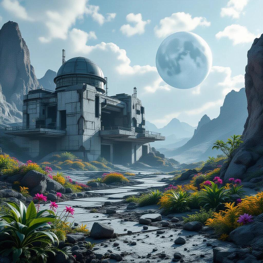 Crumbling research facility stands on a distant moon. Surrounding plant life shows alien flora. Hyper-realistic detail creates a cinematic atmosphere. Scene captures a tranquil yet eerie beauty. High resolution emphasizes intricate features and colors.