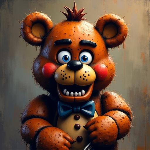 Freddy Fazbear character depicted in a painting style. Cartoon bear with distinct features. Friendly expression and vibrant colors.