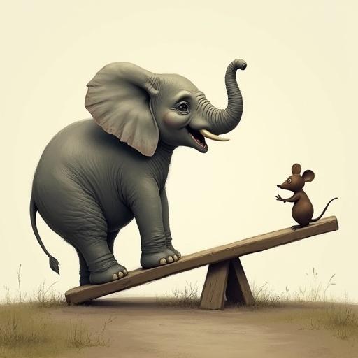 An elephant and a mouse interact playfully on a seesaw in a light and friendly environment