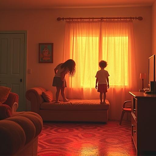 Nostalgic image of children playing a game where the floor is lava. Kids climb on furniture in a cozy living room. Warm light illuminates the scene. Semi-realistic depiction.