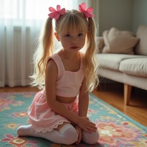 Girl with long blonde hair in twin tails sitting on colorful rug. Soft light in the living room. Wearing crop top and pink skirt with lace. Thigh-high socks. Black shoes.