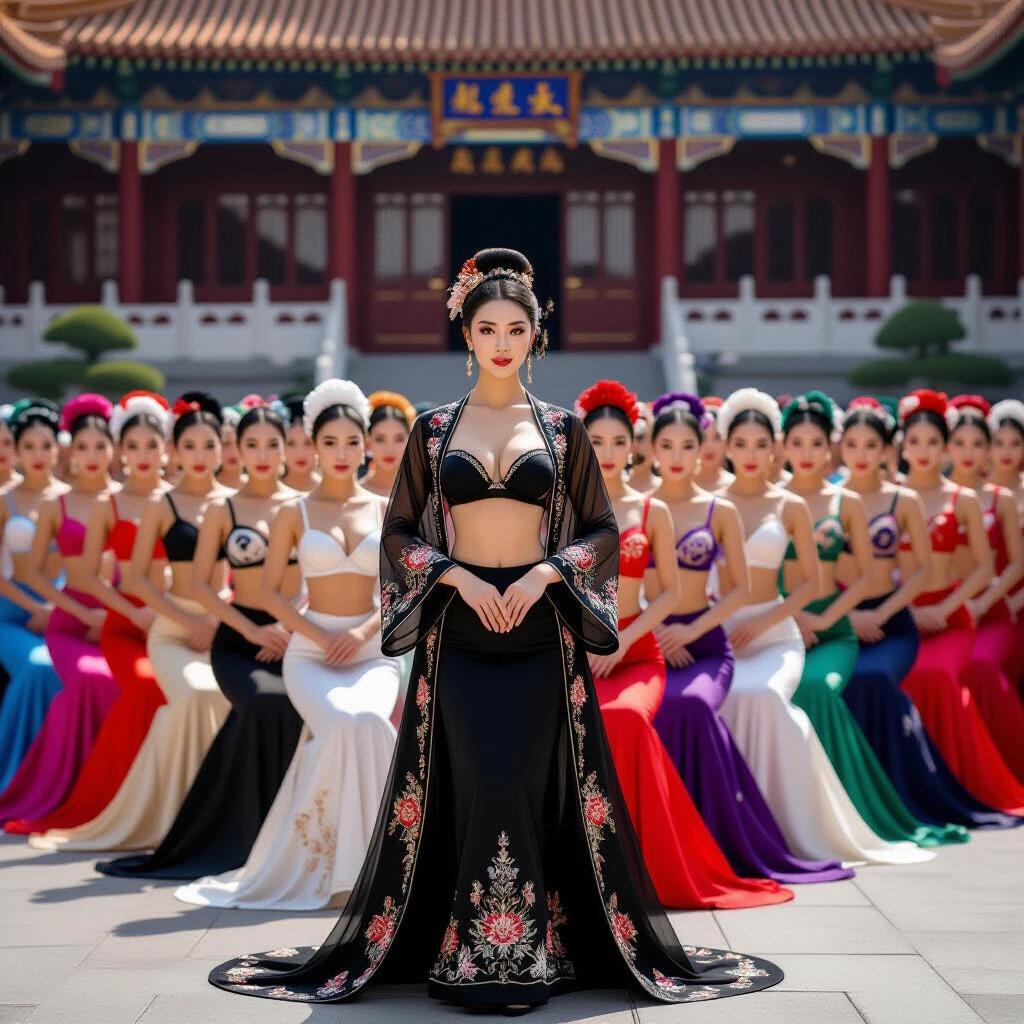 A group of women in traditional outfits stands and sits in formation in a Chinese palace courtyard. They wear colorful bras and panties with golden embroidery. Hair styled in buns with flowers. Central figure in black emerges as a leader, symbolizing elegance and authority amidst the backdrop.
