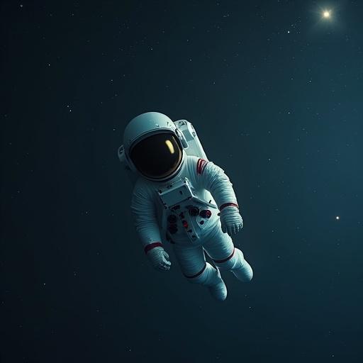 Astronaut floating alone in deep space motionless eyes closed inside helmet stars softly glowing around cinematic lighting dark dreamy tone