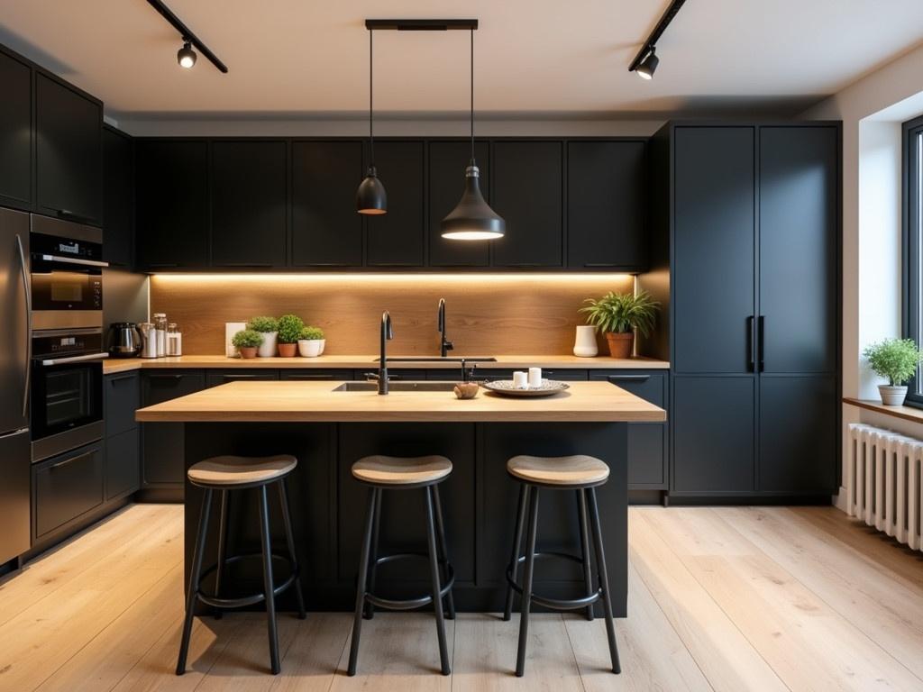 This image shows a modern, stylish kitchen with a sleek design. The kitchen features dark cabinetry juxtaposed with light wooden countertops. A large island in the center is complemented by high stools, making it perfect for casual dining or socializing. Above the island, sleek track lighting adds a warm glow. The backdrop includes a simple yet elegant sink area with potted plants for a touch of greenery. Overall, the kitchen exudes a contemporary feel with minimal clutter, emphasizing functional beauty.