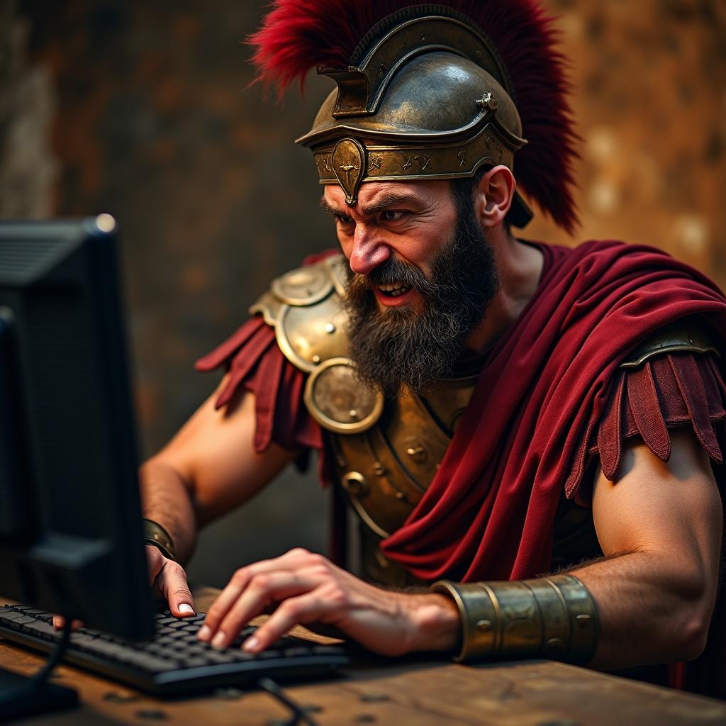 Angry Roman soldier typing on a computer. Focus on soldier's stance and attire. Contrast between ancient warrior and modern technology.