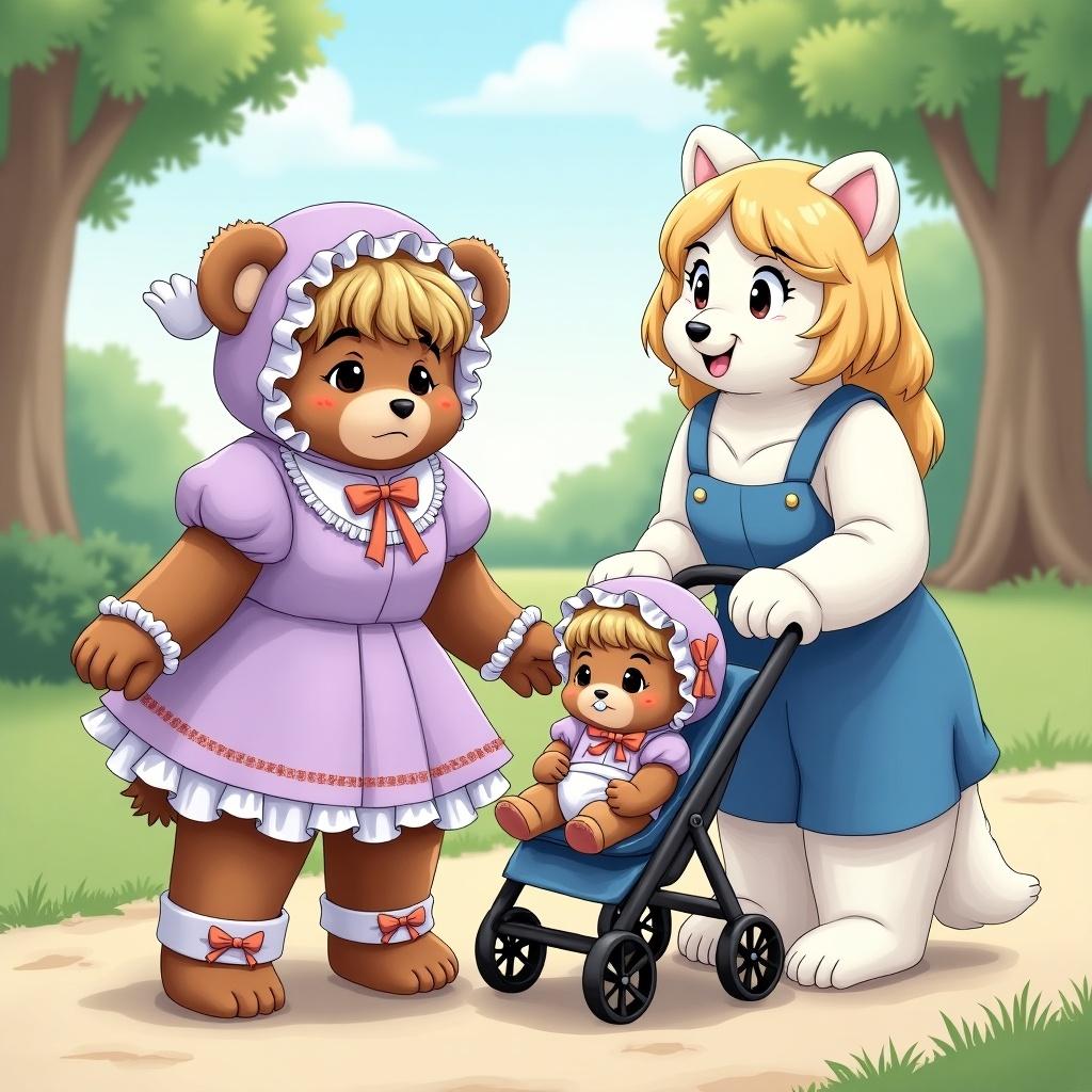 A colorful, hand-drawn image featuring anthropomorphic bears. A male bear wears a lavender dress, mittens, and a bonnet. He looks embarrassed. He is in a stroller pushed by a smiling female bear in a blue sundress. The setting is a sunny park with trees.