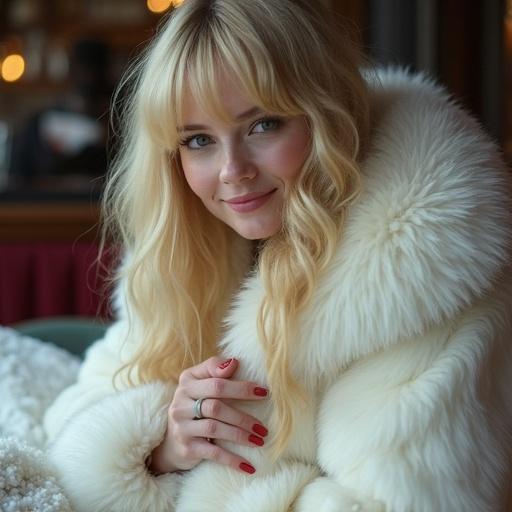 A gorgeous 25-year-old blonde woman with long hair and bangs. She has a shy smile and is snuggling in a cozy cafe on a cold winter day. She wears a thick white fur jacket. The fur looks like dense angora rabbit fur. She is kneeling on a fur blanket.