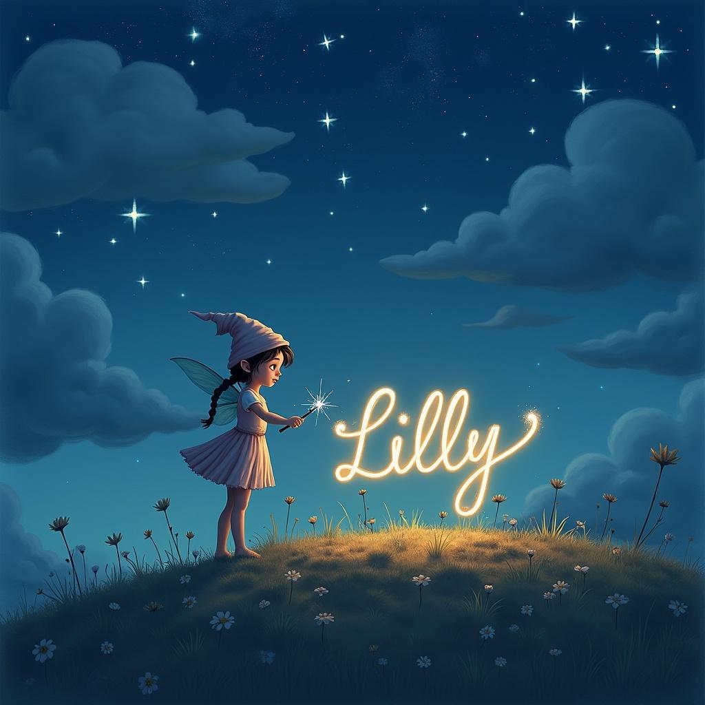 Whimsical scene features an elf-like girl on a hill under a starry sky. She writes 'Lilly' in glowing light with a wand. Soft twilight hues illuminate the landscape and evoke wonder.