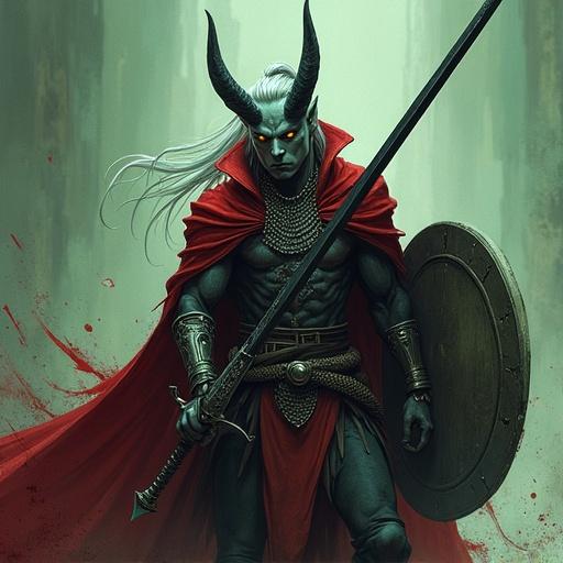 Depiction of a tall male tiefling in action. Impressive black longsword mid-swing. Ash-gray skin. Amber glowing eyes. Long silver hair in high ponytail. Sleek black horns. Chainmail shirt and red cloak. Shield on back. Blood splashing around. Art reminiscent of comic book style. Shades of dark grey and green.