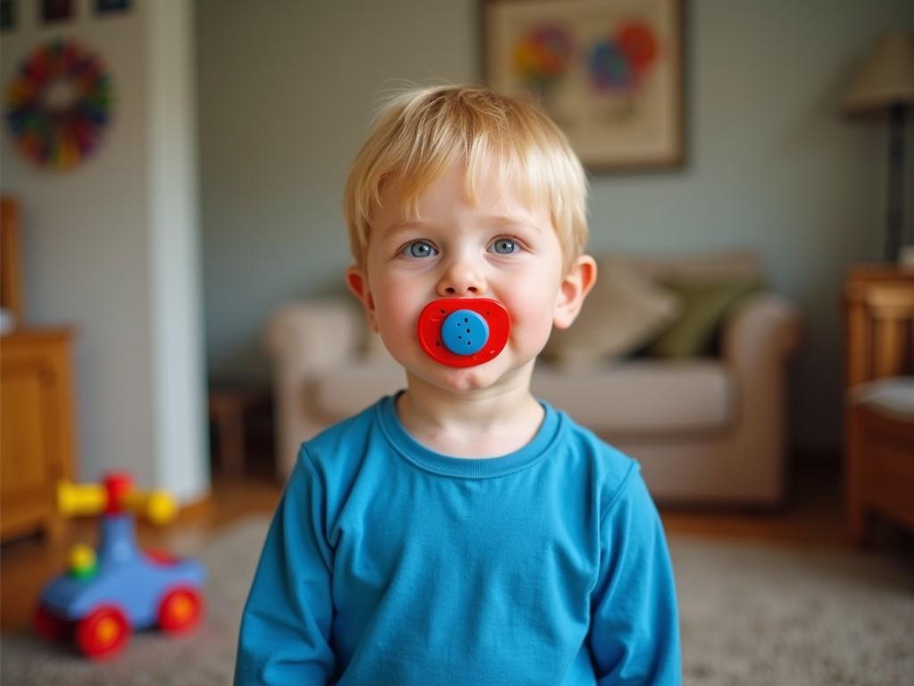 toddler with a red pacifier, sitting indoors, wearing a blue shirt, colorful blurred background, cozy and warm ambiance